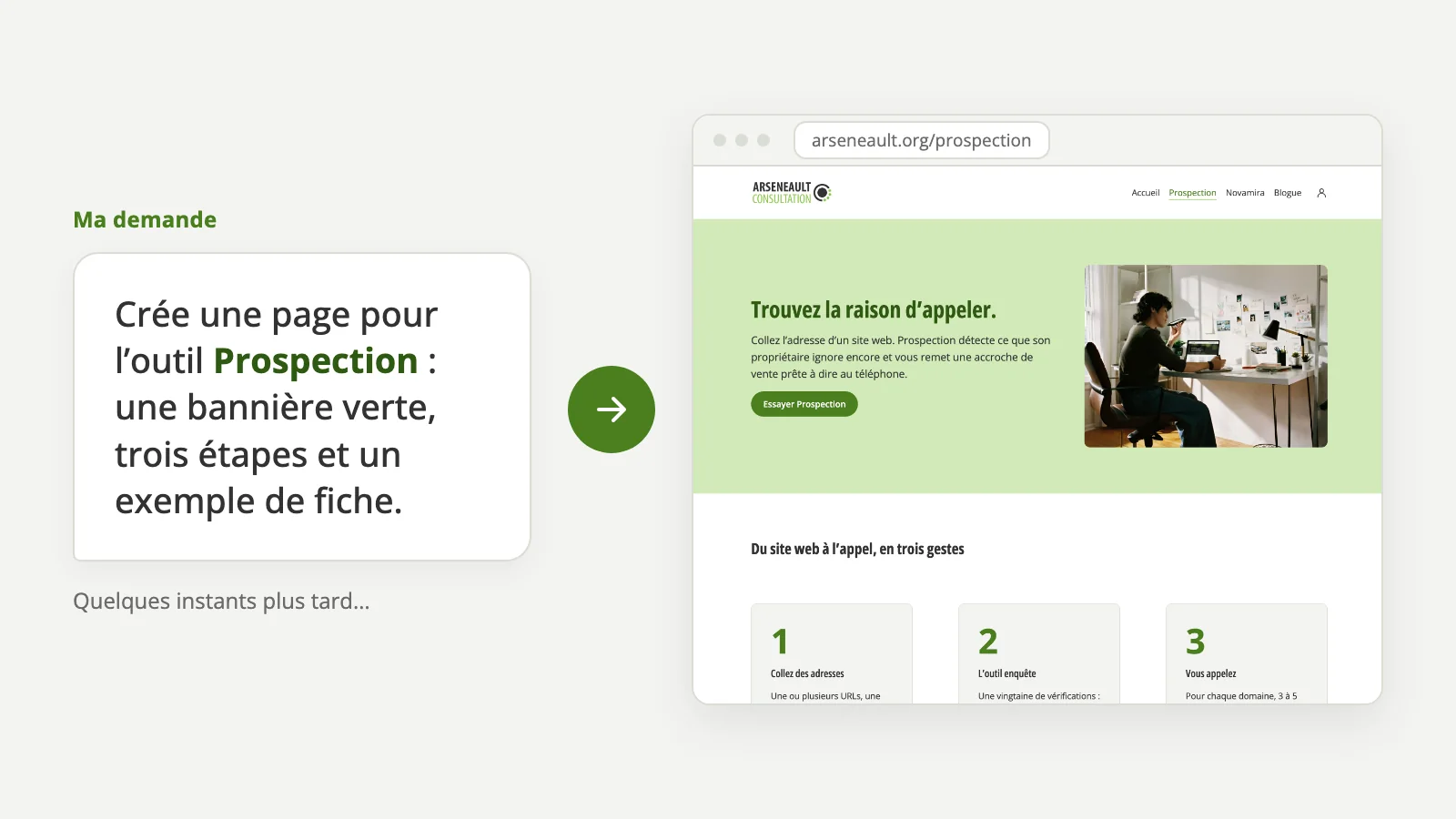 Illustration : une demande en français, « Crée une page pour l'outil Prospection », à gauche, et la page Prospection créée, à droite